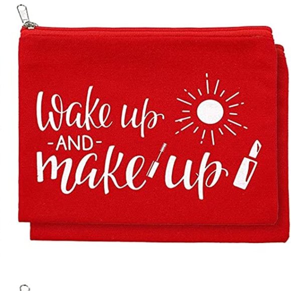NWOT Women’s Makeup Accessory Red Cosmetic Bag With Fun Saying-WakeUp And Makeup - Picture 1 of 12